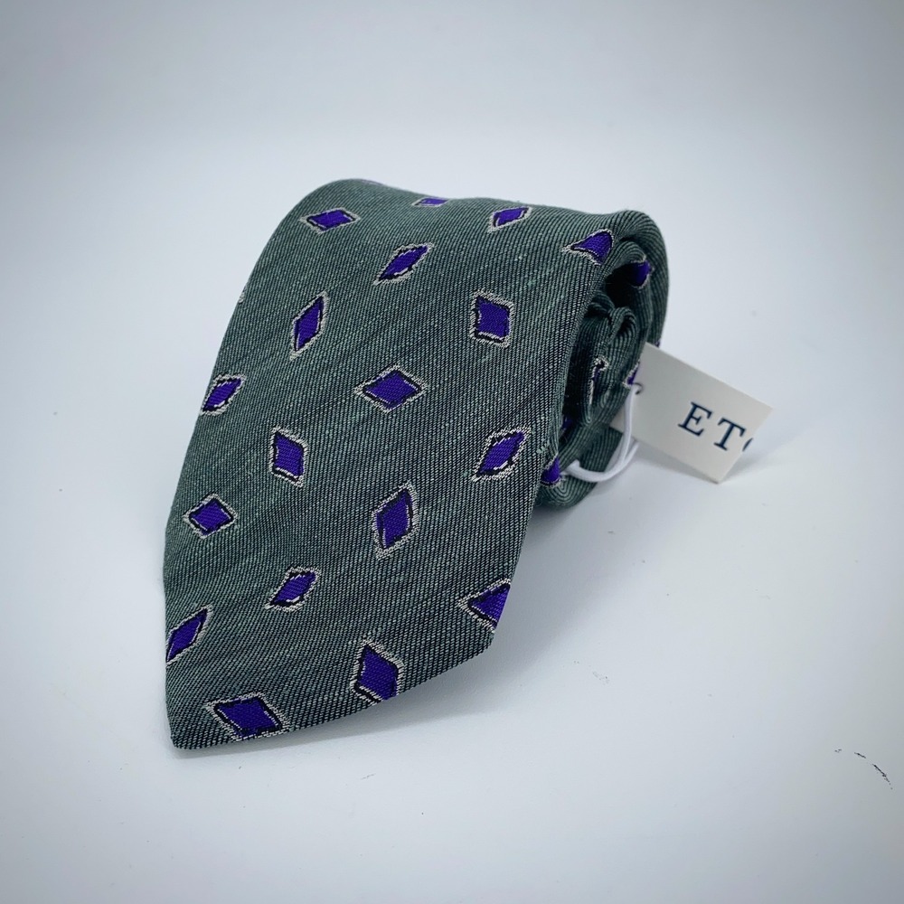 Eton Tie Men One Size Black Green Patterned Silk‎ Luxury Necktie Italy Made